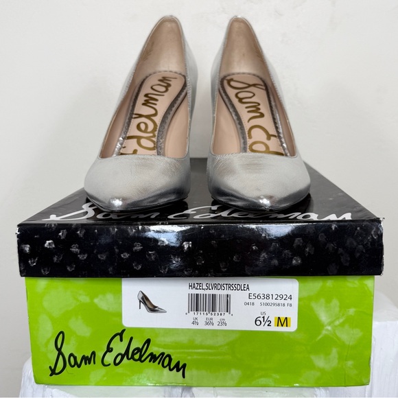 Sam Edelman Genuine Leather Metallic Silver High Heel Pump Style Hazel - Picture 3 of 17